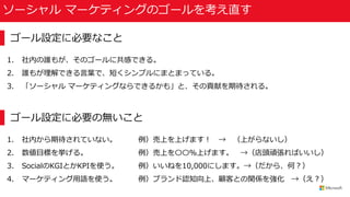ソーシャル マーケティングのゴールを考え直す
ゴール設定に必要なこと
1. 社内の誰もが、そのゴールに共感できる。
2. 誰もが理解できる言葉で、短くシンプルにまとまっている。
3. 「ソーシャル マーケティングならできるかも」と、その貢献を期待される。
ゴール設定に必要の無いこと
1. 社内から期待されていない。 例）売上を上げます！ → （上がらないし）
2. 数値目標を挙げる。 例）売上を〇〇％上げます。 →（店頭頑張ればいいし）
3. SocialのKGIとかKPIを使う。 例）いいねを10,000にします。→（だから、何？）
4. マーケティング用語を使う。 例）ブランド認知向上、顧客との関係を強化 →（え？）
 