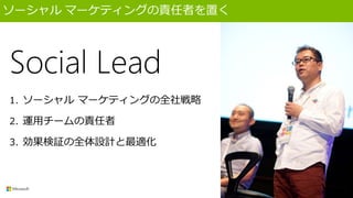 ソーシャル マーケティングの責任者を置く
Social Lead
1. ソーシャル マーケティングの全社戦略
2. 運用チームの責任者
3. 効果検証の全体設計と最適化
 