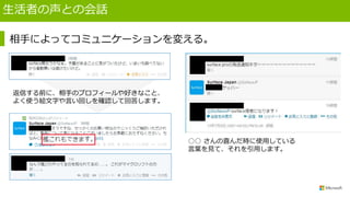 生活者の声との会話
相手によってコミュニケーションを変える。
返信する前に、相手のプロフィールや好きなこと、
よく使う絵文字や言い回しを確認して回答します。
○○ さんの喜んだ時に使用している
言葉を見て、それを引用します。
 
