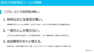 既存の効果検証ツールの課題
「これ」という決定版は無い。
1. 有料なのに生産性が悪い。
効果検証のオペレーション負荷が、ものすごく高い。クチコミ分析の結果に対する信頼性は低い。
2. 一部の人しか使えない。
ブラウザから利用するWebサービスは操作性が悪く、ネット環境が無いと過去ログも見れない。
3. 追加費用が次々と増える。
利用するユーザ数や評価アカウント数、リスニング キーワードの数により追加コストが増大する。
 