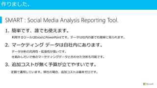 作りました。
SMART : Social Media Analysis Reporting Tool.
1. 簡単です、誰でも使えます。
利用するツールはExcelとPowerPointです。データは社内の誰でも簡単に見られます。
2. マーケティング データは自社内にあります。
データ分析の汎用性・拡張性が高いです。
仕組みしだいで他のマーケティングデータと合わせた分析も可能です。
3. 追加コストが無く予算が立てやすいです。
定額で運用しています。弊社の場合、追加コストは基本ゼロです。
 