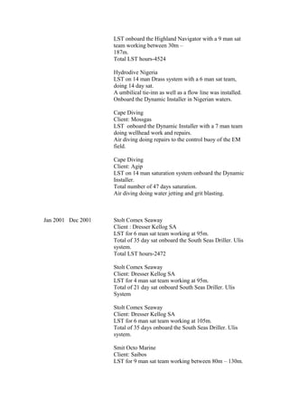 LST onboard the Highland Navigator with a 9 man sat
team working between 30m –
187m.
Total LST hours-4524
Hydrodive Nigeria
LST on 14 man Drass system with a 6 man sat team,
doing 14 day sat.
A umbilical tie-inn as well as a flow line was installed.
Onboard the Dynamic Installer in Nigerian waters.
Cape Diving
Client: Mossgas
LST onboard the Dynamic Installer with a 7 man team
doing wellhead work and repairs.
Air diving doing repairs to the control buoy of the EM
field.
Cape Diving
Client: Agip
LST on 14 man saturation system onboard the Dynamic
Installer.
Total number of 47 days saturation.
Air diving doing water jetting and grit blasting.
Jan 2001 Dec 2001 Stolt Comex Seaway
Client : Dresser Kellog SA
LST for 6 man sat team working at 95m.
Total of 35 day sat onboard the South Seas Driller. Ulis
system.
Total LST hours-2472
Stolt Comex Seaway
Client: Dresser Kellog SA
LST for 4 man sat team working at 95m.
Total of 21 day sat onboard South Seas Driller. Ulis
System
Stolt Comex Seaway
Client: Dresser Kellog SA
LST for 6 man sat team working at 105m.
Total of 35 days onboard the South Seas Driller. Ulis
system.
Smit Octo Marine
Client: Saibos
LST for 9 man sat team working between 80m – 130m.
 