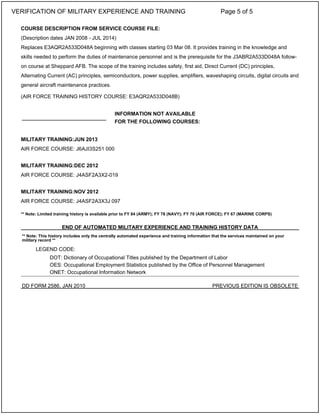 COURSE DESCRIPTION FROM SERVICE COURSE FILE:
(Description dates JAN 2008 - JUL 2014)
Replaces E3AQR2A533D048A beginning with classes starting 03 Mar 08. It provides training in the knowledge and
skills needed to perform the duties of maintenance personnel and is the prerequisite for the J3ABR2A533D048A follow-
on course at Sheppard AFB. The scope of the training includes safety, first aid, Direct Current (DC) principles,
Alternating Current (AC) principles, semiconductors, power supplies, amplifiers, waveshaping circuits, digital circuits and
general aircraft maintenance practices.
(AIR FORCE TRAINING HISTORY COURSE: E3AQR2A533D048B)
MILITARY TRAINING:JUN 2013
AIR FORCE COURSE: J6AJI3S251 000
MILITARY TRAINING:DEC 2012
AIR FORCE COURSE: J4ASF2A3X2-019
MILITARY TRAINING:NOV 2012
AIR FORCE COURSE: J4ASF2A3X3J 097
** Note: Limited training history is available prior to FY 84 (ARMY); FY 78 (NAVY); FY 70 (AIR FORCE); FY 67 (MARINE CORPS)
_____________________________
INFORMATION NOT AVAILABLE
FOR THE FOLLOWING COURSES:
END OF AUTOMATED MILITARY EXPERIENCE AND TRAINING HISTORY DATA
** Note: This history includes only the centrally automated experience and training information that the services maintained on your
military record **
LEGEND CODE:
DOT: Dictionary of Occupational Titles published by the Department of Labor
OES: Occupational Employment Statistics published by the Office of Personnel Management
ONET: Occupational Information Network
DD FORM 2586, JAN 2010 PREVIOUS EDITION IS OBSOLETE
VERIFICATION OF MILITARY EXPERIENCE AND TRAINING Page 5 of 5
 