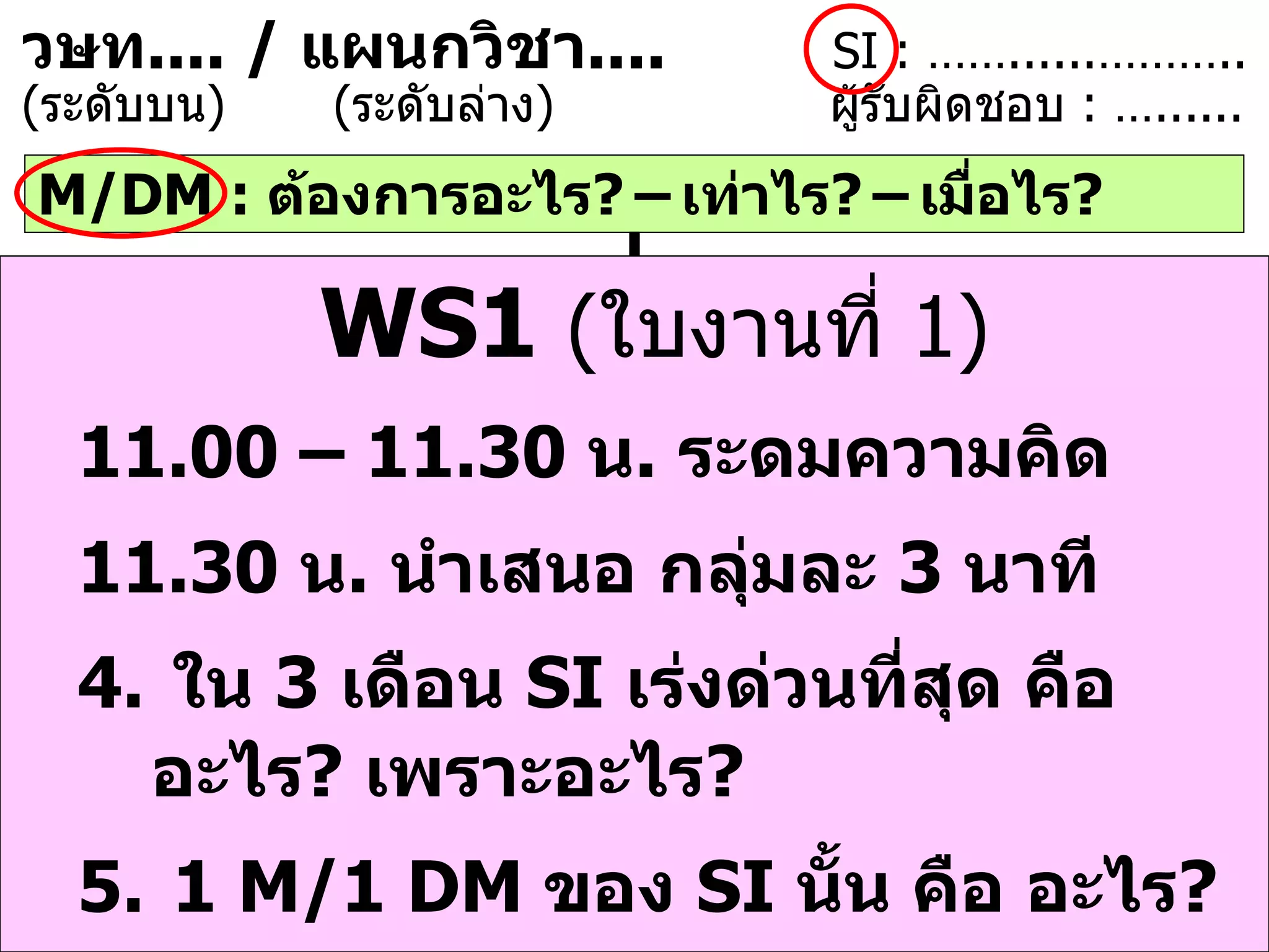 M / DM :  ต้องการอะไร ?   –   เท่าไร ?   –   เมื่อไร ? P1 —  ( โครงการ :  ผู้รับผิดชอบ  —  ผู้สนับสนุน )     Who  Who Activity   When  Budget  in charge  support A1 A2 A3 CP   1 KPI   1 CP   4 KPI   4 CP   3 KPI   3 CP   2 KPI   2 วษท ....   /  แผนกวิชา . ...   SI : …… ...... ……… .. ( ระดับบน )  ( ระดับล่าง )   ผู้รับผิดชอบ   : ….. .... 12 LOA WS1   ( ใบงานที่  1 ) 11.00 – 11.30  น .  ระดมความคิด 11.30  น .  นำเสนอ กลุ่มละ  3  นาที ใน  3  เดือน  SI  เร่งด่วนที่สุด คือ อะไร ?   เพราะอะไร ? 1 M/1 DM  ของ  SI   นั้น คือ อะไร ? 
