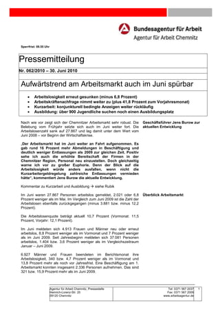 Sperrfrist: 09.55 Uhr



Pressemitteilung
Nr. 062/2010 – 30. Juni 2010


Aufwärtstrend am Arbeitsmarkt auch im Juni spürbar
    •    Arbeitslosigkeit erneut gesunken (minus 6,8 Prozent)
    •    Arbeitskräftenachfrage nimmt weiter zu (plus 41,8 Prozent zum Vorjahresmonat)
    •    Kurzarbeit: konjunkturell bedingte Anzeigen weiter rückläufig
    •    Ausbildung: über 900 Jugendliche suchen noch einen Ausbildungsplatz

Nach wie vor zeigt sich der Chemnitzer Arbeitsmarkt sehr robust. Die      Geschäftsführer Jens Burow zur
Belebung vom Frühjahr setzte sich auch im Juni weiter fort. Die           aktuellen Entwicklung
Arbeitslosenzahl sank auf 27.867 und lag damit unter dem Wert vom
Juni 2008 – vor Beginn der Wirtschaftskrise.

„Der Arbeitsmarkt hat im Juni weiter an Fahrt aufgenommen. Es
gab rund 16 Prozent mehr Abmeldungen in Beschäftigung und
deutlich weniger Entlassungen als 2009 zur gleichen Zeit. Positiv
sehe ich auch die erhöhte Bereitschaft der Firmen in der
Chemnitzer Region, Personal neu einzustellen. Doch gleichzeitig
warne ich vor zu großer Euphorie. Denn der Blick auf die
Arbeitslosigkeit würde anders ausfallen, wenn nicht die
Kurzarbeitergeldregelung zahlreiche Entlassungen vermieden
hätte“, kommentiert Jens Burow die aktuelle Entwicklung.

Kommentar zu Kurzarbeit und Ausbildung                    siehe Rubik

Im Juni waren 27.867 Personen arbeitslos gemeldet, 2.021 oder 6,8         Überblick Arbeitsmarkt
Prozent weniger als im Mai. Im Vergleich zum Juni 2009 ist die Zahl der
Arbeitslosen ebenfalls zurückgegangen (minus 3.881 bzw. minus 12,2
Prozent).

Die Arbeitslosenquote beträgt aktuell 10,7 Prozent (Vormonat: 11,5
Prozent, Vorjahr: 12,1 Prozent).

Im Juni meldeten sich 4.913 Frauen und Männer neu oder erneut
arbeitslos, 8,8 Prozent weniger als im Vormonat und 7 Prozent weniger
als im Juni 2009. Seit Jahresbeginn meldeten sich 37.081 Personen
arbeitslos, 1.404 bzw. 3,6 Prozent weniger als im Vergleichszeitraum
Januar – Juni 2009.

6.927 Männer und Frauen beendeten im Berichtsmonat ihre
Arbeitslosigkeit, 340 bzw. 4,7 Prozent weniger als im Vormonat und
13,8 Prozent mehr als noch vor Jahresfrist. Eine Beschäftigung am 1.
Arbeitsmarkt konnten insgesamt 2.336 Personen aufnehmen. Das sind
321 bzw. 15,9 Prozent mehr als im Juni 2009.



                        Agentur für Arbeit Chemnitz, Pressestelle                      Tel: 0371 567 2037    1
                        Heinrich-Lorenz-Str. 20                                        Fax: 0371 567 2009
                        09120 Chemnitz                                               www.arbeitsagentur.de
 