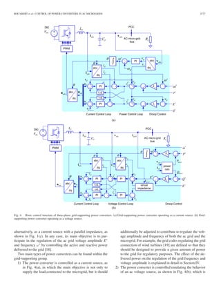ROCABERT et al.: CONTROL OF POWER CONVERTERS IN AC MICROGRIDS 4737
Fig. 4. Basic control structure of three-phase grid-supporting power converters. (a) Grid-supporting power converter operating as a current source. (b) Grid-
supporting power converter operating as a voltage source.
alternatively, as a current source with a parallel impedance, as
shown in Fig. 1(c). In any case, its main objective is to par-
ticipate in the regulation of the ac grid voltage amplitude E∗
and frequency ω∗
by controlling the active and reactive power
delivered to the grid [18].
Two main types of power converters can be found within the
grid-supporting group.
1) The power converter is controlled as a current source, as
in Fig. 4(a), in which the main objective is not only to
supply the load connected to the microgrid, but it should
additionally be adjusted to contribute to regulate the volt-
age amplitude and frequency of both the ac grid and the
microgrid. For example, the grid codes regulating the grid
connection of wind turbines [19] are deﬁned so that they
should be designed to provide a given amount of power
to the grid for regulatory purposes. The effect of the de-
livered power on the regulation of the grid frequency and
voltage amplitude is explained in detail in Section IV.
2) The power converter is controlled emulating the behavior
of an ac voltage source, as shown in Fig. 4(b), which is
 