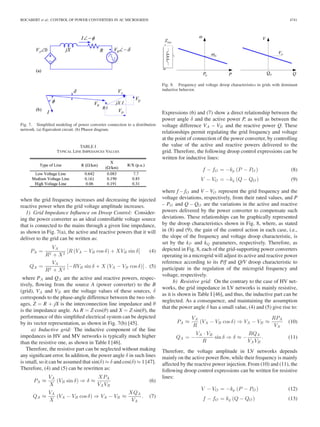 ROCABERT et al.: CONTROL OF POWER CONVERTERS IN AC MICROGRIDS 4741
Fig. 7. Simpliﬁed modeling of power converter connection to a distribution
network. (a) Equivalent circuit. (b) Phasor diagram.
TABLE I
TYPICAL LINE IMPEDANCES VALUES
when the grid frequency increases and decreasing the injected
reactive power when the grid voltage amplitude increases.
1) Grid Impedance Inﬂuence on Droop Control: Consider-
ing the power converter as an ideal controllable voltage source
that is connected to the mains through a given line impedance,
as shown in Fig. 7(a), the active and reactive powers that it will
deliver to the grid can be written as:
PA =
VA
R2 + X2
[R (VA − VB cos δ) + XVB sin δ] (4)
QA =
VA
R2 + X2
[−RVB sin δ + X (VA − VB cos δ)] . (5)
where PA and QA are the active and reactive powers, respec-
tively, ﬂowing from the source A (power converter) to the B
(grid), VA and VB are the voltage values of these sources, δ
corresponds to the phase-angle difference between the two volt-
ages, Z = R + jX is the interconnection line impedance and θ
is the impedance angle. As R = Z·cos(θ) and X = Z·sin(θ), the
performance of this simpliﬁed electrical system can be depicted
by its vector representation, as shown in Fig. 7(b) [45].
a) Inductive grid: The inductive component of the line
impedances in HV and MV networks is typically much higher
than the resistive one, as shown in Table I [46].
Therefore, the resistive part can be neglected without making
any signiﬁcant error. In addition, the power angle δ in such lines
is small, so it can be assumed that sin(δ) ≈ δ and cos(δ) ≈ 1 [47].
Therefore, (4) and (5) can be rewritten as:
PA ≈
VA
X
(VB sin δ) ⇒ δ ≈
XPA
VA VB
(6)
QA ≈
VA
X
(VA − VB cos δ) ⇒ VA − VB ≈
XQA
VA
. (7)
Fig. 8. Frequency and voltage droop characteristics in grids with dominant
inductive behavior.
Expressions (6) and (7) show a direct relationship between the
power angle δ and the active power P, as well as between the
voltage difference VA – VB and the reactive power Q. These
relationships permit regulating the grid frequency and voltage
at the point of connection of the power converter, by controlling
the value of the active and reactive powers delivered to the
grid. Therefore, the following droop control expressions can be
written for inductive lines:
f − fO = −kp (P − PO ) (8)
V − VO = −kq (Q − QO ) (9)
where f – fO and V – VO represent the grid frequency and the
voltage deviations, respectively, from their rated values, and P
– PO and Q – QO are the variations in the active and reactive
powers delivered by the power converter to compensate such
deviations. These relationships can be graphically represented
by the droop characteristics shown in Fig. 8, where, as stated
in (8) and (9), the gain of the control action in each case, i.e.,
the slope of the frequency and voltage droop characteristic, is
set by the kP and kQ parameters, respectively. Therefore, as
depicted in Fig. 8, each of the grid-supporting power converters
operating in a microgrid will adjust its active and reactive power
reference according to its P/f and Q/V droop characteristic to
participate in the regulation of the microgrid frequency and
voltage, respectively.
b) Resistive grid: On the contrary to the case of HV net-
works, the grid impedance in LV networks is mainly resistive,
as it is shown in Table I [46], and thus, the inductive part can be
neglected. As a consequence, and maintaining the assumption
that the power angle δ has a small value, (4) and (5) give rise to:
PA ≈
VA
R
(VA − VB cos δ) ⇒ VA − VB ≈
RPA
VA
(10)
QA = −
VA · VB
R
sin δ ⇒ δ ≈ −
RQA
VA VB
. (11)
Therefore, the voltage amplitude in LV networks depends
mainly on the active power ﬂow, while their frequency is mainly
affected by the reactive power injection. From (10) and (11), the
following droop control expressions can be written for resistive
lines:
V − VO = −kp (P − PO ) (12)
f − fO = kq (Q − QO ) (13)
 