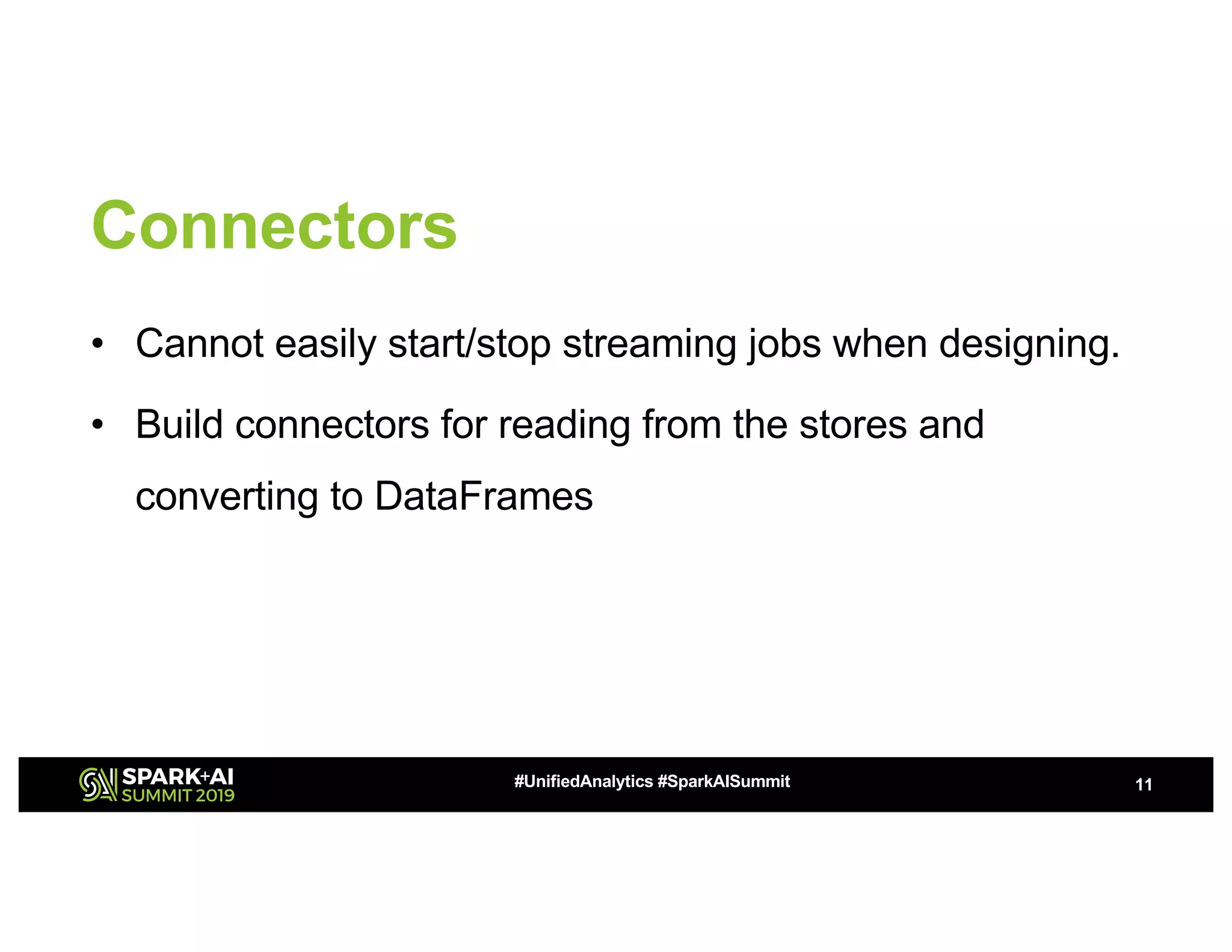 Connectors • Cannot easily start/stop streaming jobs when designing. • Build connectors for reading from the stores and converting to DataFrames 11#UnifiedAnalytics #SparkAISummit 