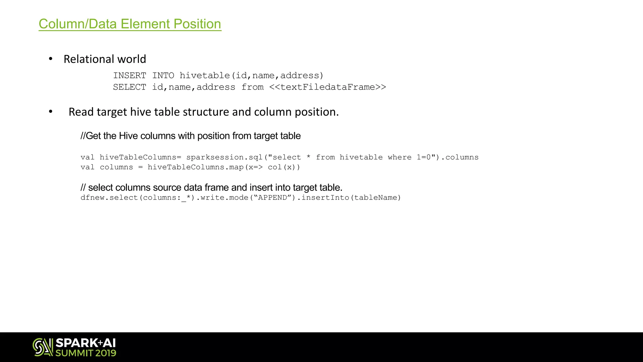 Column/Data Element Position
• Relational world
INSERT INTO hivetable(id,name,address)
SELECT id,name,address from <<textFiledataFrame>>
• Read target hive table structure and column position.
//Get the Hive columns with position from target table
val hiveTableColumns= sparksession.sql("select * from hivetable where 1=0").columns
val columns = hiveTableColumns.map(x=> col(x))
// select columns source data frame and insert into target table.
dfnew.select(columns:_*).write.mode(“APPEND”).insertInto(tableName)
 