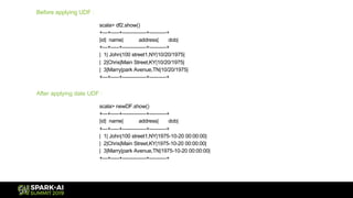 Before applying UDF :
scala> df2.show()
+---+-----+--------------+----------+
|id| name| address| dob|
+---+-----+--------------+----------+
| 1| John|100 street1,NY|10/20/1975|
| 2|Chris|Main Street,KY|10/20/1975|
| 3|Marry|park Avenue,TN|10/20/1975|
+---+-----+--------------+----------+
After applying date UDF :
scala> newDF.show()
+---+-----+--------------+----------+
|id| name| address| dob|
+---+-----+--------------+----------+
| 1| John|100 street1,NY|1975-10-20 00:00:00|
| 2|Chris|Main Street,KY|1975-10-20 00:00:00|
| 3|Marry|park Avenue,TN|1975-10-20 00:00:00|
+---+-----+--------------+----------+
 