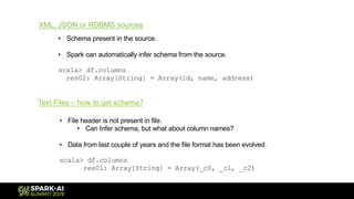 Text Files – how to get schema?
• File header is not present in file.
• Can Infer schema, but what about column names?
• Data from last couple of years and the file format has been evolved.
scala> df.columns
res01: Array[String] = Array(_c0, _c1, _c2)
XML, JSON or RDBMS sources
• Schema present in the source.
• Spark can automatically infer schema from the source.
scala> df.columns
res02: Array[String] = Array(id, name, address)
 