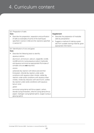 4. Curriculum content

8.3 Preparation of salts
Core

Supplement

•

•

Describe the preparation of insoluble
salts by precipitation

•

Suggest a method of making a given
salt from suitable starting material, given
appropriate information

Describe the preparation, separation and purification
of salts as examples of some of the techniques
specified in section 2.2(b) and the reactions specified
in section 8.1

8.4 Identification of ions and gases
Core
•

Describe the following tests to identify:
aqueous cations:
aluminium, ammonium, calcium, copper(II), iron(II),
iron(III) and zinc (using aqueous sodium hydroxide
and aqueous ammonia as appropriate) (Formulae of
complex ions are not required.)
anions:
carbonate (by reaction with dilute acid and then
limewater), chloride (by reaction under acidic
conditions with aqueous silver nitrate), iodide (by
reaction under acidic conditions with aqueous silver
nitrate), nitrate (by reduction with aluminium), sulfate
(by reaction under acidic conditions with aqueous
barium ions)
gases:
ammonia (using damp red litmus paper), carbon
dioxide (using limewater), chlorine (using damp litmus
paper), hydrogen (using lighted splint), oxygen (using a
glowing splint).

Cambridge IGCSE Chemistry 0620. Examination in June and November 2013.

20

 
