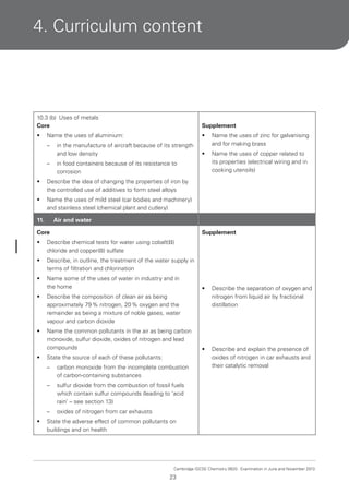 4. Curriculum content

10.3 (b) Uses of metals
Core

Supplement

•

•

Name the uses of zinc for galvanising
and for making brass

•

Name the uses of copper related to
its properties (electrical wiring and in
cooking utensils)

Name the uses of aluminium:
–
–

in the manufacture of aircraft because of its strength
and low density
in food containers because of its resistance to
corrosion

•

Describe the idea of changing the properties of iron by
the controlled use of additives to form steel alloys

•

Name the uses of mild steel (car bodies and machinery)
and stainless steel (chemical plant and cutlery)

11.

Air and water
Supplement

Core
•

Describe chemical tests for water using cobalt(II)
chloride and copper(II) sulfate

•

Describe, in outline, the treatment of the water supply in
terms of filtration and chlorination

•

Name some of the uses of water in industry and in
the home

•

Name the common pollutants in the air as being carbon
monoxide, sulfur dioxide, oxides of nitrogen and lead
compounds

Describe the separation of oxygen and
nitrogen from liquid air by fractional
distillation

•

Describe and explain the presence of
oxides of nitrogen in car exhausts and
their catalytic removal

Describe the composition of clean air as being
approximately 79 % nitrogen, 20 % oxygen and the
remainder as being a mixture of noble gases, water
vapour and carbon dioxide

•

•

•

State the source of each of these pollutants:
–
–

sulfur dioxide from the combustion of fossil fuels
which contain sulfur compounds (leading to ‘acid
rain’ – see section 13)

–
•

carbon monoxide from the incomplete combustion
of carbon-containing substances

oxides of nitrogen from car exhausts

State the adverse effect of common pollutants on
buildings and on health

Cambridge IGCSE Chemistry 0620. Examination in June and November 2013.

23

 