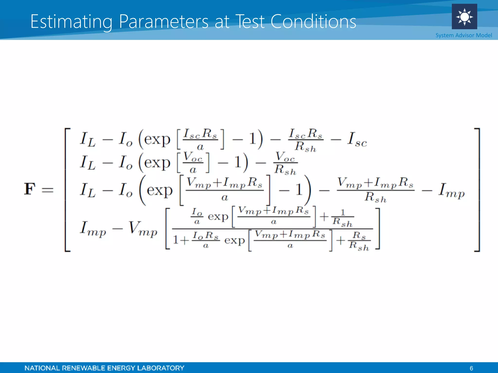 6
Estimating Parameters at Test Conditions System Advisor Model
 
