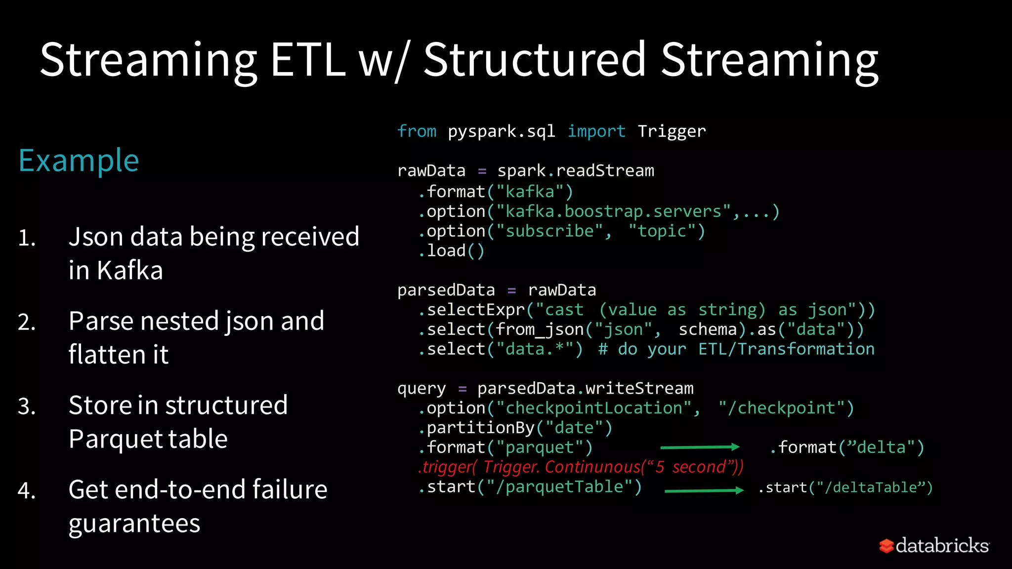 Streaming ETL w/ Structured Streaming Example 1. Json data being received in Kafka 2. Parse nested json and flatten it 3. Store in structured Parquet table 4. Get end-to-end failure guarantees from pyspark.sql import Trigger rawData = spark.readStream .format("kafka") .option("kafka.boostrap.servers",...) .option("subscribe", "topic") .load() parsedData = rawData .selectExpr("cast (value as string) as json")) .select(from_json("json", schema).as("data")) .select("data.*") # do your ETL/Transformation query = parsedData.writeStream .option("checkpointLocation", "/checkpoint") .partitionBy("date") .format("parquet") .format(”delta") .trigger( Trigger. Continunous(“5 second”)) .start("/parquetTable") .start("/deltaTable”) 