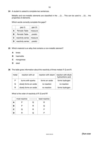 11
24 A student is asked to complete two sentences.
Metallic and non-metallic elements are classified in the … (i) … This can be used to … (ii) … the
properties of elements.
Which words correctly complete the gaps?
gap (i)

gap (ii)

A

Periodic Table

measure

B

Periodic Table

predict

C

reactivity series

measure

D

reactivity series

predict

25 Which material is an alloy that contains a non-metallic element?
A

brass

B

haematite

C

manganese

D

steel

26 The table gives information about the reactivity of three metals P, Q and R.
metal

reaction with air

reaction with steam reaction with dilute
hydrochloric acid

P

burns with sparks

forms an oxide

forms hydrogen

Q

slowly forms an oxide

no reaction

no reaction

R

slowly forms an oxide

no reaction

forms hydrogen

What is the order of reactivity of P, Q and R?
most reactive

→

least reactive

A

P

Q

R

B

P

R

Q

C

Q

R

P

D

R

Q

P

0620/01/M/J/03

[Turn over

 