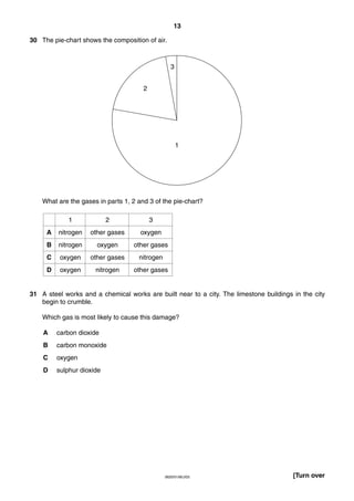 13
30 The pie-chart shows the composition of air.

3
2

1

What are the gases in parts 1, 2 and 3 of the pie-chart?
1

2

3

A

nitrogen

other gases

oxygen

B

nitrogen

oxygen

other gases

C

oxygen

other gases

nitrogen

D

oxygen

nitrogen

other gases

31 A steel works and a chemical works are built near to a city. The limestone buildings in the city
begin to crumble.
Which gas is most likely to cause this damage?
A

carbon dioxide

B

carbon monoxide

C

oxygen

D

sulphur dioxide

0620/01/M/J/03

[Turn over

 