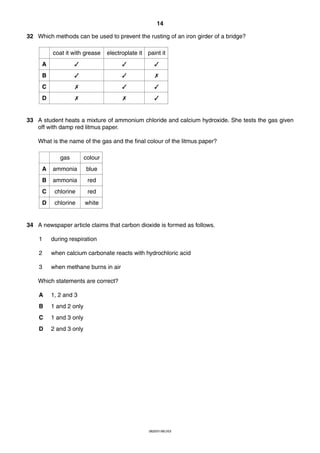 14
32 Which methods can be used to prevent the rusting of an iron girder of a bridge?
coat it with grease

electroplate it

paint it

A

✓

✓

✓

B

✓

✓

✗

C

✗

✓

✓

D

✗

✗

✓

33 A student heats a mixture of ammonium chloride and calcium hydroxide. She tests the gas given
off with damp red litmus paper.
What is the name of the gas and the final colour of the litmus paper?
gas

colour

A

ammonia

blue

B

ammonia

red

C

chlorine

red

D

chlorine

white

34 A newspaper article claims that carbon dioxide is formed as follows.
1

during respiration

2

when calcium carbonate reacts with hydrochloric acid

3

when methane burns in air

Which statements are correct?
A

1, 2 and 3

B

1 and 2 only

C

1 and 3 only

D

2 and 3 only

0620/01/M/J/03

 