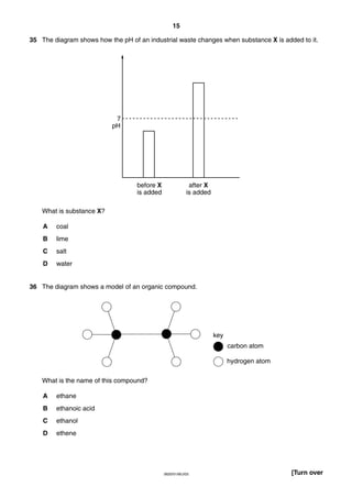 15
35 The diagram shows how the pH of an industrial waste changes when substance X is added to it.

7
pH

before X
is added

after X
is added

What is substance X?
A

coal

B

lime

C

salt

D

water

36 The diagram shows a model of an organic compound.

key
carbon atom
hydrogen atom
What is the name of this compound?
A

ethane

B

ethanoic acid

C

ethanol

D

ethene

0620/01/M/J/03

[Turn over

 