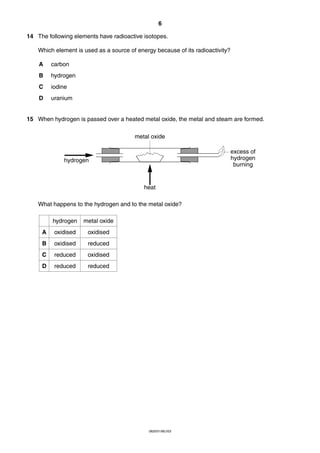 6
14 The following elements have radioactive isotopes.
Which element is used as a source of energy because of its radioactivity?
A

carbon

B

hydrogen

C

iodine

D

uranium

15 When hydrogen is passed over a heated metal oxide, the metal and steam are formed.
metal oxide
excess of
hydrogen
burning

hydrogen

heat
What happens to the hydrogen and to the metal oxide?
hydrogen

metal oxide

A

oxidised

oxidised

B

oxidised

reduced

C

reduced

oxidised

D

reduced

reduced

0620/01/M/J/03

 