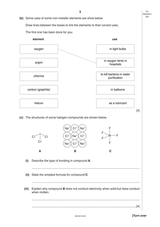 3

For
Examiner’s
Use

(b) Some uses of some non-metallic elements are show below.
Draw lines between the boxes to link the elements to their correct uses.
The first one has been done for you.
element

use

oxygen

in light bulbs

argon

in oxygen tents in
hospitals

chlorine

to kill bacteria in water
purification

carbon (graphite)

in balloons

helium

as a lubricant
[4]

(c) The structures of some halogen compounds are shown below.

Na+
Cl

I
Cl
A

(i)

Cl

Cl – Na+

Cl – Na+
Na+

Cl –

Cl – Na+
B

F
F
F

Br

F

F
C

Describe the type of bonding in compound A.
...................................................................................................................................

(ii) State the simplest formula for compound C.
...................................................................................................................................
(iii)

Explain why compound B does not conduct electricity when solid but does conduct
when molten.
...................................................................................................................................
...............................................................................................................................[4]

0620/02 M/J/03

[Turn over

 