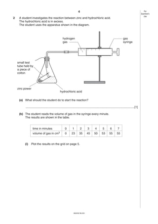 4
2

For
Examiner’s
Use

A student investigates the reaction between zinc and hydrochloric acid.
The hydrochloric acid is in excess.
The student uses the apparatus shown in the diagram.

hydrogen
gas

gas
syringe

small test
tube held by
a piece of
cotton

zinc power
hydrochloric acid
(a) What should the student do to start the reaction?
......................................................................................................................................[1]
(b) The student reads the volume of gas in the syringe every minute.
The results are shown in the table.

time in minutes

1

2

3

4

5

6

7

volume of gas in cm3

(i)

0
0

23

35

45

50

53

55

55

Plot the results on the grid on page 5.

0620/02 M/J/03

 