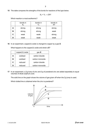 7
15 The table compares the strengths of the bonds for reactions of the type below.
X2 + Y2 → 2XY
Which reaction is most exothermic?
bonds in
X2

bonds in
Y2

bonds in
XY

A

strong

strong

strong

B

strong

strong

weak

C

weak

weak

strong

D

weak

weak

weak

16 In an experiment, copper(II) oxide is changed to copper by a gas X.
What happens to the copper(II) oxide and what is X?
copper(II) oxide

gas X

A

oxidised

carbon dioxide

B

oxidised

carbon monoxide

C

reduced

carbon dioxide

D

reduced

carbon monoxide

17 In an experiment, a 2 g lump of zinc and 2 g of powdered zinc are added separately to equal
volumes of dilute sulphuric acid.
The solid line on the graph shows the volume of gas given off when the 2 g lump is used.
Which dotted line is obtained when the zinc is powdered?
A
B
volume
of gas

C
D

0

 UCLES 2004

0

time

0620/01/M/J/04

[Turn over

 