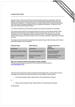 Location Entry Codes
As part of CIE’s continual commitment to maintaining best practice in assessment, CIE uses
different variants of some question papers for our most popular assessments with large and
widespread candidature. The question papers are closely related and the relationships between
them have been thoroughly established using our assessment expertise. All versions of the
paper give assessment of equal standard.
The content assessed by the examination papers and the type of questions is unchanged.
This change means that for this component there are now two variant Question Papers, Mark
Schemes and Principal Examiner’s Reports where previously there was only one. For any
individual country, it is intended that only one variant is used. This document contains both
variants which will give all Centres access to even more past examination material than is usually
the case.
The diagram shows the relationship between the Question Papers, Mark Schemes and Principal
Examiners’ Reports that are available.
Question Paper Mark Scheme Principal Examiner’s
Report
Introduction Introduction Introduction
First variant Question Paper First variant Mark Scheme First variant Principal
Examiner’s Report
Second variant Question
Paper
Second variant Mark
Scheme
Second variant Principal
Examiner’s Report
Who can I contact for further information on these changes?
Please direct any questions about this to CIE’s Customer Services team at:
international@cie.org.uk
The titles for the variant items should correspond with the table above, so that at the top of the
first page of the relevant part of the document and on the header, it has the words:
• First variant Question Paper / Mark Scheme / Principal Examiner’s Report
or
• Second variant Question Paper / Mark Scheme / Principal Examiner’s Report
as appropriate.
w
w
w
.Xtrem
ePapers.com
 