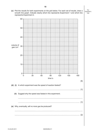 10
0620/62/M/J/11© UCLES 2011
For
Examiner’s
Use
(c) Plot the results for both experiments on the grid below. For each set of results, draw a
smooth line graph. Indicate clearly which line represents Experiment 1 and which line
represents Experiment 2.
0 30 60 90 120 150 180
volume of
gas/cm3
time/s
60
50
40
30
20
10
0
[6]
(d) (i) In which experiment was the speed of reaction fastest?
.............................................................................................................................. [1]
(ii) Suggest why the speed was fastest in this experiment.
....................................................................................................................................
.............................................................................................................................. [1]
(e) Why, eventually, will no more gas be produced?
...........................................................................................................................................
..................................................................................................................................... [2]
 