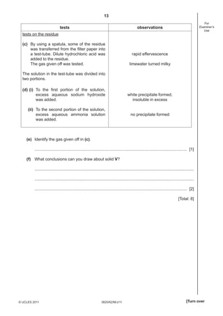 13
0620/62/M/J/11© UCLES 2011 [Turn over
For
Examiner’s
Use
tests observations
tests on the residue
(c) By using a spatula, some of the residue
was transferred from the ﬁlter paper into
a test-tube. Dilute hydrochloric acid was
added to the residue.
The gas given off was tested.
The solution in the test-tube was divided into
two portions.
rapid effervescence
limewater turned milky
(d) (i) To the ﬁrst portion of the solution,
excess aqueous sodium hydroxide
was added.
(ii) To the second portion of the solution,
excess aqueous ammonia solution
was added.
white precipitate formed,
insoluble in excess
no precipitate formed
(e) Identify the gas given off in (c).
..................................................................................................................................... [1]
(f) What conclusions can you draw about solid V?
...........................................................................................................................................
...........................................................................................................................................
..................................................................................................................................... [2]
[Total: 8]
 