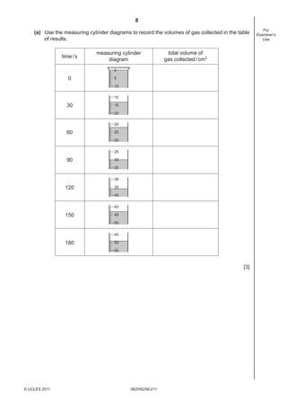8
0620/62/M/J/11© UCLES 2011
For
Examiner’s
Use
(a) Use the measuring cylinder diagrams to record the volumes of gas collected in the table
of results.
time/s
measuring cylinder
diagram
total volume of
gas collected/cm3
0
30
60
90
120
150
0
5
10
10
15
20
20
25
30
25
30
35
30
35
40
40
45
50
180
45
50
55
[3]
 