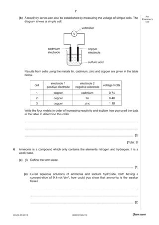 7
(b) A reactivity series can also be established by measuring the voltage of simple cells. The
diagram shows a simple cell.

For
Examiner’s
Use

voltmeter
V

cadmium
electrode

copper
electrode
sulfuric acid

Results from cells using the metals tin, cadmium, zinc and copper are given in the table
below.
cell

electrode 1
positive electrode

electrode 2
negative electrode

voltage / volts

1

copper

cadmium

0.74

2

copper

tin

0.48

3

copper

zinc

1.10

Write the four metals in order of increasing reactivity and explain how you used the data
in the table to determine this order.
...........................................................................................................................................
...........................................................................................................................................
..................................................................................................................................... [3]
[Total: 9]
6

Ammonia is a compound which only contains the elements nitrogen and hydrogen. It is a
weak base.
(a) (i) Deﬁne the term base.
.............................................................................................................................. [1]
(ii) Given aqueous solutions of ammonia and sodium hydroxide, both having a
concentration of 0.1 mol / dm3, how could you show that ammonia is the weaker
base?
....................................................................................................................................
....................................................................................................................................
.............................................................................................................................. [2]

© UCLES 2013

0620/31/M/J/13

[Turn over

 