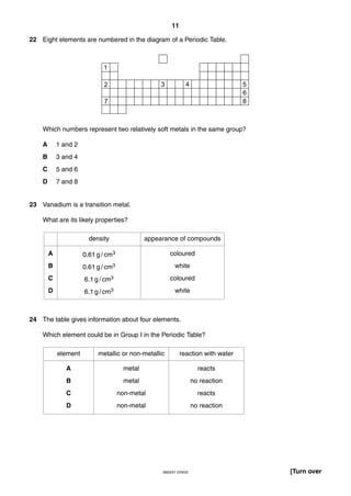 11
0620/01 O/N/03 [Turn over
22 Eight elements are numbered in the diagram of a Periodic Table.
Which numbers represent two relatively soft metals in the same group?
A 1 and 2
B 3 and 4
C 5 and 6
D 7 and 8
23 Vanadium is a transition metal.
What are its likely properties?
24 The table gives information about four elements.
Which element could be in Group I in the Periodic Table?
A
B
C
D
density appearance of compounds
0.61 g / cm3
0.61 g / cm3
6.1 g / cm3
6.1 g / cm3
coloured
white
coloured
white
A
B
C
D
metallic or non-metallicelement reaction with water
metal
metal
non-metal
non-metal
reacts
no reaction
reacts
no reaction
 