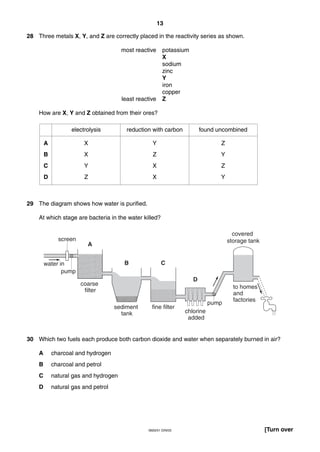 13
0620/01 O/N/03 [Turn over
28 Three metals X, Y, and Z are correctly placed in the reactivity series as shown.
most reactive potassium
X
sodium
zinc
Y
iron
copper
least reactive Z
How are X, Y and Z obtained from their ores?
29 The diagram shows how water is purified.
At which stage are bacteria in the water killed?
30 Which two fuels each produce both carbon dioxide and water when separately burned in air?
A charcoal and hydrogen
B charcoal and petrol
C natural gas and hydrogen
D natural gas and petrol
screen
water in
pump
pump
coarse
filter
sediment
tank
fine filter
chlorine
added
covered
storage tank
to homes
and
factories
A
B C
D
A
B
C
D
electrolysis reduction with carbon found uncombined
X
X
Y
Z
Y
Z
X
X
Z
Y
Z
Y
 