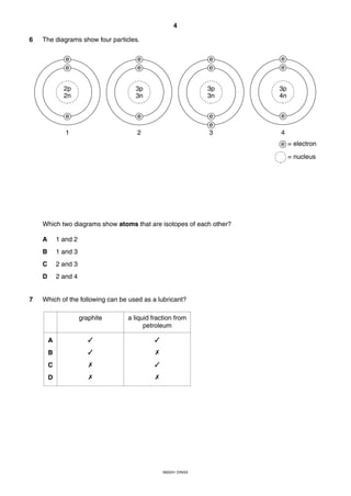 4
0620/01 O/N/03
6 The diagrams show four particles.
Which two diagrams show atoms that are isotopes of each other?
A 1 and 2
B 1 and 3
C 2 and 3
D 2 and 4
7 Which of the following can be used as a lubricant?
e
e
e
e
e
e
e
e
e
e
e
e
2p
2n
3p
3n
3p
3n
3p
4n
1 2 3 4
e
e = electron
= nucleus
A
B
C
D
graphite a liquid fraction from
petroleum
✓
✓
✗
✗
✓
✗
✓
✗
 