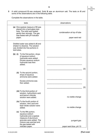 9
© UCLES 2005 0620/06/O/N/05 [Turn over
For
Examiner's
Use
5 A solid compound X was analysed. Solid X was an aluminium salt. The tests on X and
some of the observations are in the following table.
Complete the observations in the table.
tests observations
condensation at top of tube
(a) One spatula measure of X was
placed into a hard-glass test-
tube. The solid was heated
gently then strongly. The gas
was tested with pH indicator
paper. paper went red
[3]
[3]
no visible change
no visible change
pungent gas
Distilled water was added to X and
shaken to dissolve. The solution
was divided into five portions in
test-tubes.
(b) (i) To the first portion, drops
of aqueous sodium
hydroxide were added.
Excess aqueous sodium
hydroxide was then
added.
(ii) To the second portion,
drops of aqueous
ammonia were added.
Excess ammonia was
then added.
(iii) To the third portion of
solution, hydrochloric acid
and barium chloride
solution were added.
(iv) To the fourth portion of
solution, nitric acid and
lead nitrate solution were
added.
(v) To the fifth portion,
aqueous sodium
hydroxide and a spatula
measure of aluminium
granules were added. The
mixture was warmed and
the gas tested with
indicator paper. paper went blue, pH 10
 