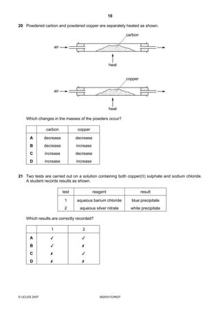 10
20 Powdered carbon and powdered copper are separately heated as shown.
carbon
air

heat
copper
air

heat

Which changes in the masses of the powders occur?
carbon

copper

A

decrease

decrease

B

decrease

increase

C

increase

decrease

D

increase

increase

21 Two tests are carried out on a solution containing both copper(II) sulphate and sodium chloride.
A student records results as shown.
test

reagent

result

1

aqueous barium chloride

blue precipitate

2

aqueous silver nitrate

white precipitate

Which results are correctly recorded?
1

2

A





B





C





D





© UCLES 2007

0620/01/O/N/07

 