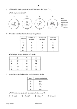 4
5

Students are asked to draw a diagram of an atom with symbol 3 X .
1
Which diagram is correct?
B

A

C

D
key
p proton

e
p

p
nn

e

p p
nnn

p

n

e

n neutron
e electron
nucleus

e

6

e

The table describes the structures of four particles.
particle

number of
protons

number of
neutrons

number of
electrons

O

8

8

8

O2–

8

8

X

Na

11

Y

11

Na+

11

12

Z

What are the correct values of X, Y and Z?
X

Z

A

9

11

10

B

9

11

11

C

10

12

10

D
7

Y

10

12

11

The table shows the electronic structures of four atoms.
atom

electronic structure

W

2,8,1

X

2,8,4

Y

2,8,7

Z

2,8,8

Which two atoms combine to form a covalent compound?
A

W and X

© UCLES 2007

B

W and Y

C

X and Y

0620/01/O/N/07

D

X and Z

 