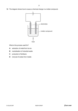 7
13 The diagram shows how to cause a chemical change in a molten compound.

electrodes

molten compound

heat
What is this process used for?
A

extraction of metal from its ore

B

neutralisation of industrial waste

C

production of fertilisers

D

removal of oxides from metals

© UCLES 2007

0620/01/O/N/07

[Turn over

 