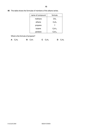 15
40 The table shows the formulae of members of the alkane series.
name of compound

formula

methane

CH4

ethane

C2H6

propane

?

butane

C4H10

pentane

C5H12

What is the formula of propane?
A

C2H8

© UCLES 2009

B

C3H7

C

C3H8

0620/01/O/N/09

D

C3H9

 