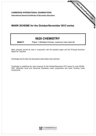 CAMBRIDGE INTERNATIONAL EXAMINATIONS
International General Certificate of Secondary Education
MARK SCHEME for the October/November 2013 series
0620 CHEMISTRY
0620/11 Paper 1 (Multiple Choice), maximum raw mark 40
Mark schemes should be read in conjunction with the question paper and the Principal Examiner
Report for Teachers.
Cambridge will not enter into discussions about these mark schemes.
Cambridge is publishing the mark schemes for the October/November 2013 series for most IGCSE,
GCE Advanced Level and Advanced Subsidiary Level components and some Ordinary Level
components.
w
w
w
.Xtrem
ePapers.com
 