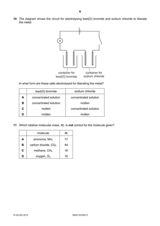 6
© UCLES 2013 0620/12/O/N/13
10 The diagram shows the circuit for electrolysing lead(II) bromide and sodium chloride to liberate
the metal.
A
container for
lead(II) bromide
container for
sodium chloride
In what form are these salts electrolysed for liberating the metal?
lead(II) bromide sodium chloride
A concentrated solution concentrated solution
B concentrated solution molten
C molten concentrated solution
D molten molten
11 Which relative molecular mass, Mr, is not correct for the molecule given?
molecule Mr
A ammonia, NH3 17
B carbon dioxide, CO2 44
C methane, CH4 16
D oxygen, O2 16
 