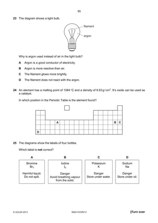 11
© UCLES 2013 0620/12/O/N/13 [Turn over
23 The diagram shows a light bulb.
filament
argon
Why is argon used instead of air in the light bulb?
A Argon is a good conductor of electricity.
B Argon is more reactive than air.
C The filament glows more brightly.
D The filament does not react with the argon.
24 An element has a melting point of 1084°C and a density of 8.93g/cm3
. It’s oxide can be used as
a catalyst.
In which position in the Periodic Table is the element found?
A B C
D
25 The diagrams show the labels of four bottles.
Which label is not correct?
A B C D
Bromine
Br2
Harmful liquid.
Do not spill.
Iodine
I2
Danger
Avoid breathing vapour
from the solid.
Potassium
K
Danger
Store under water.
Sodium
Na
Danger
Store under oil.
 