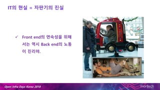 Open Infra Days Korea 2018
IT의 현실 = 자판기의 진실
 Front end의 연속성을 위해
서는 역시 Back end의 노동
이 진리야.
 