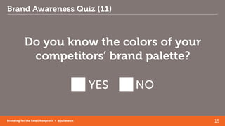 15Branding for the Small Nonprofit • @juliareich
Brand Awareness Quiz (11)
Do you know the colors of your
competitors’ bra...