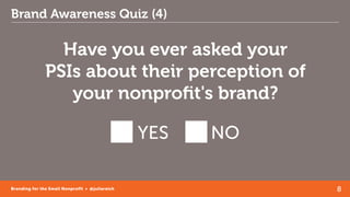 8Branding for the Small Nonprofit • @juliareich
Brand Awareness Quiz (4)
Have you ever asked your
PSIs about their percept...