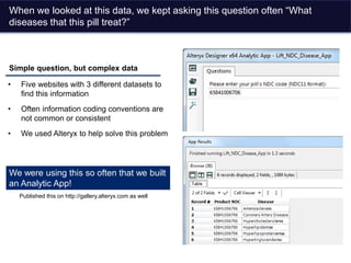 When we looked at this data, we kept asking this question often “What
diseases that this pill treat?”
• Five websites with 3 different datasets to
find this information
• Often information coding conventions are
not common or consistent
• We used Alteryx to help solve this problem
Simple question, but complex data
We were using this so often that we built
an Analytic App!
Published this on http://gallery.alteryx.com as well
 