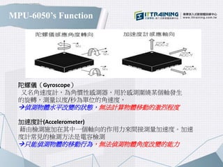 MPU-6050’s Function
陀螺儀（Gyroscope）
又名角速度計，為角慣性感測器，用於感測圍繞某個軸發生
的旋轉，測量以度/秒為單位的角速度，
偵測物體水平改變的狀態，無法計算物體移動的激烈程度
加速度計(Accelerometer)
藉由檢測施加在其中一個軸向的作用力來間接測量加速度。加速
度計常見的檢測方法是電容檢測
只能偵測物體的移動行為，無法偵測物體角度改變的能力
 