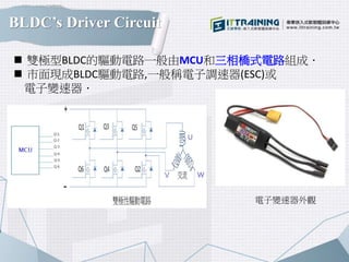 BLDC’s Driver Circuit
 雙極型BLDC的驅動電路一般由MCU和三相橋式電路組成．
 市面現成BLDC驅動電路,一般稱電子調速器(ESC)或
電子變速器．
電子變速器外觀
 