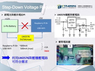Step-Down Voltage Regulator
Raspberry Pi B+ ~600mA
USB-WiFi 500mA (max)
Li-Po Battery
Raspberry Pi B+
+
USB-WiFi
+12V +5V
LM2576
5V/3A(max)
 LM2576穩壓降壓電路
 實際電路圖
利用LM2576降壓穩壓電路
可符合需求
>1A
78XX
 鋰電池降壓供電給Pi
 